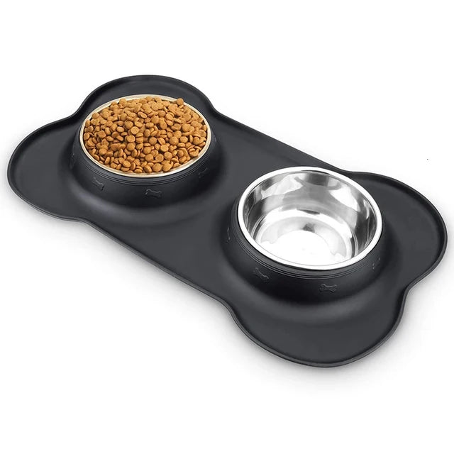 Double gamelles antidérapantes en acier inoxydable avec tapis en silicone imperméable pour chien et chat