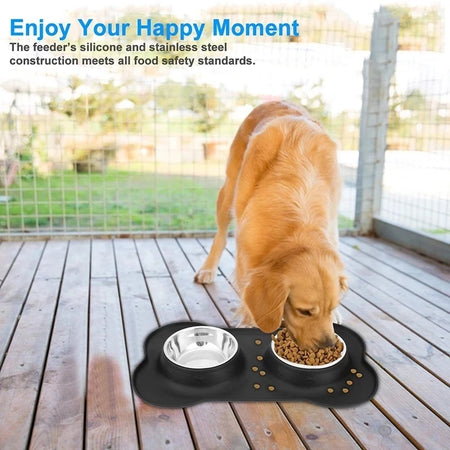 Double gamelles antidérapantes en acier inoxydable avec tapis en silicone imperméable pour chien et chat
