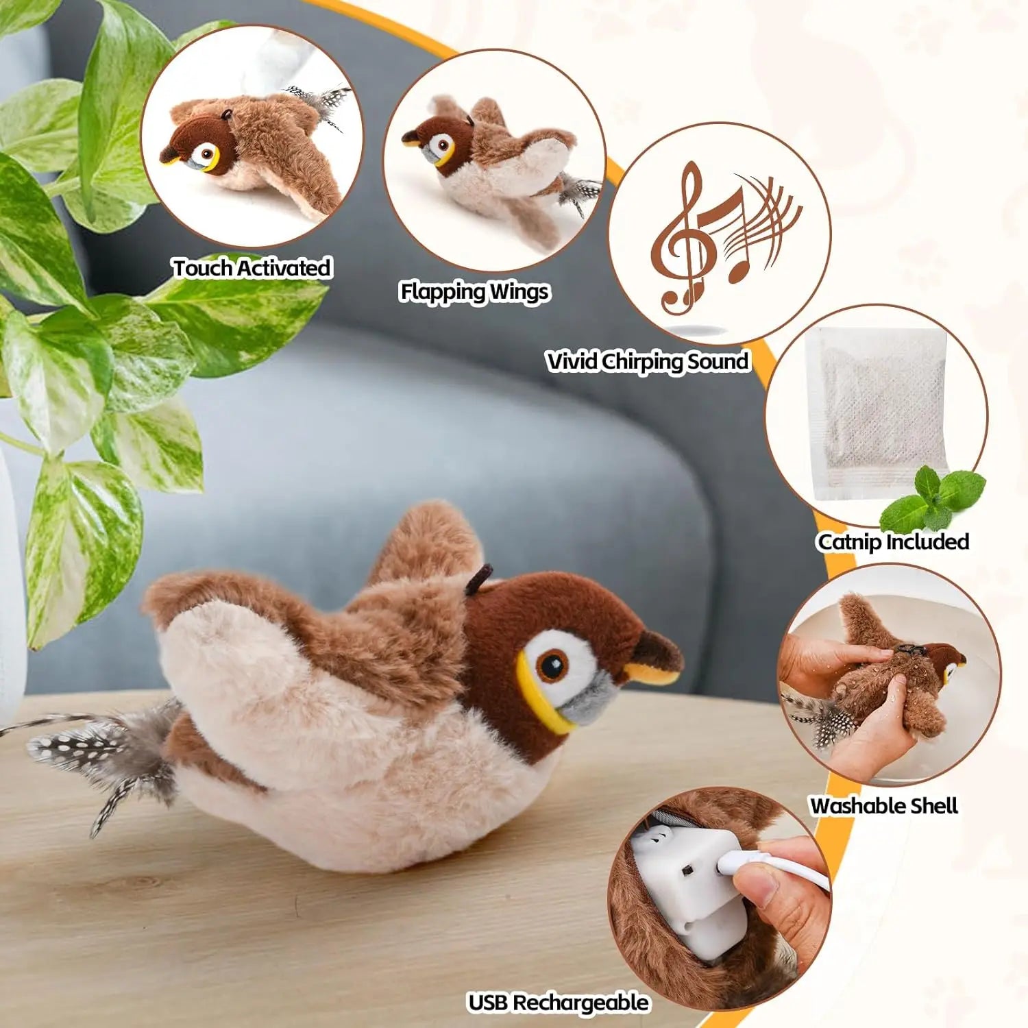 Oiseau interactif gazouillant rechargeable pour chat