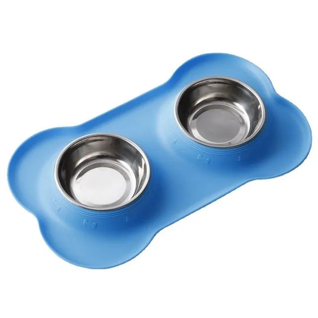 Double gamelles antidérapantes en acier inoxydable avec tapis en silicone imperméable pour chien et chat