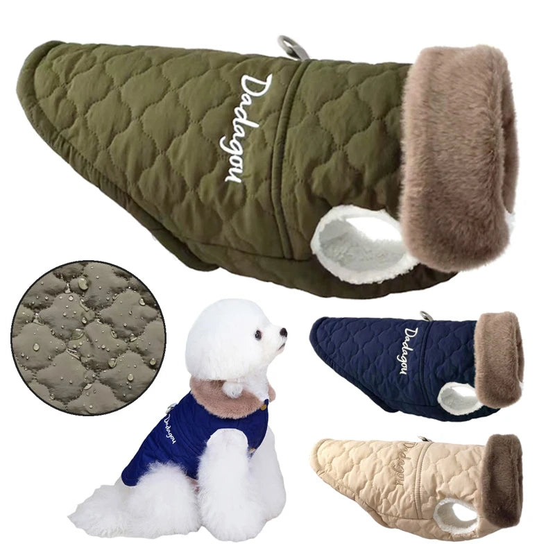 Manteau Imperméable avec col en fourrure et doublure en polaire pour petits chiens