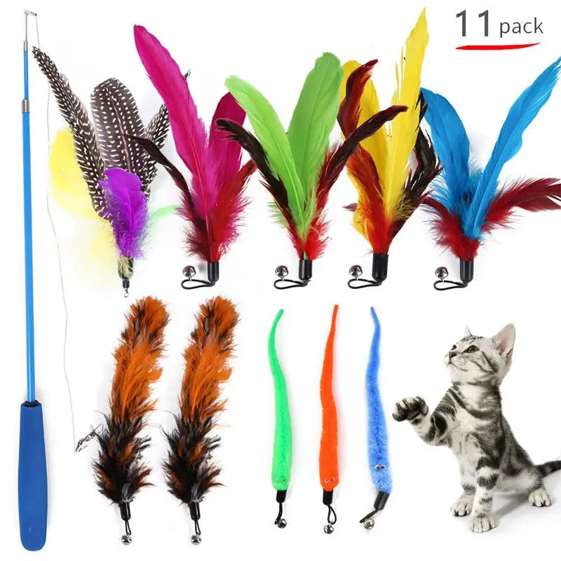 Lot de 11 jouets canne télescopique avec plumes pour chat
