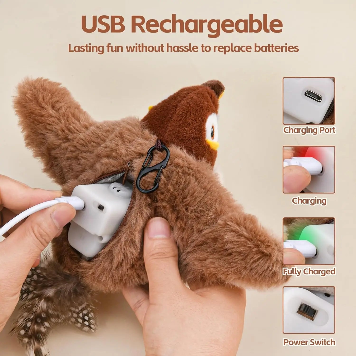 Oiseau interactif gazouillant rechargeable pour chat