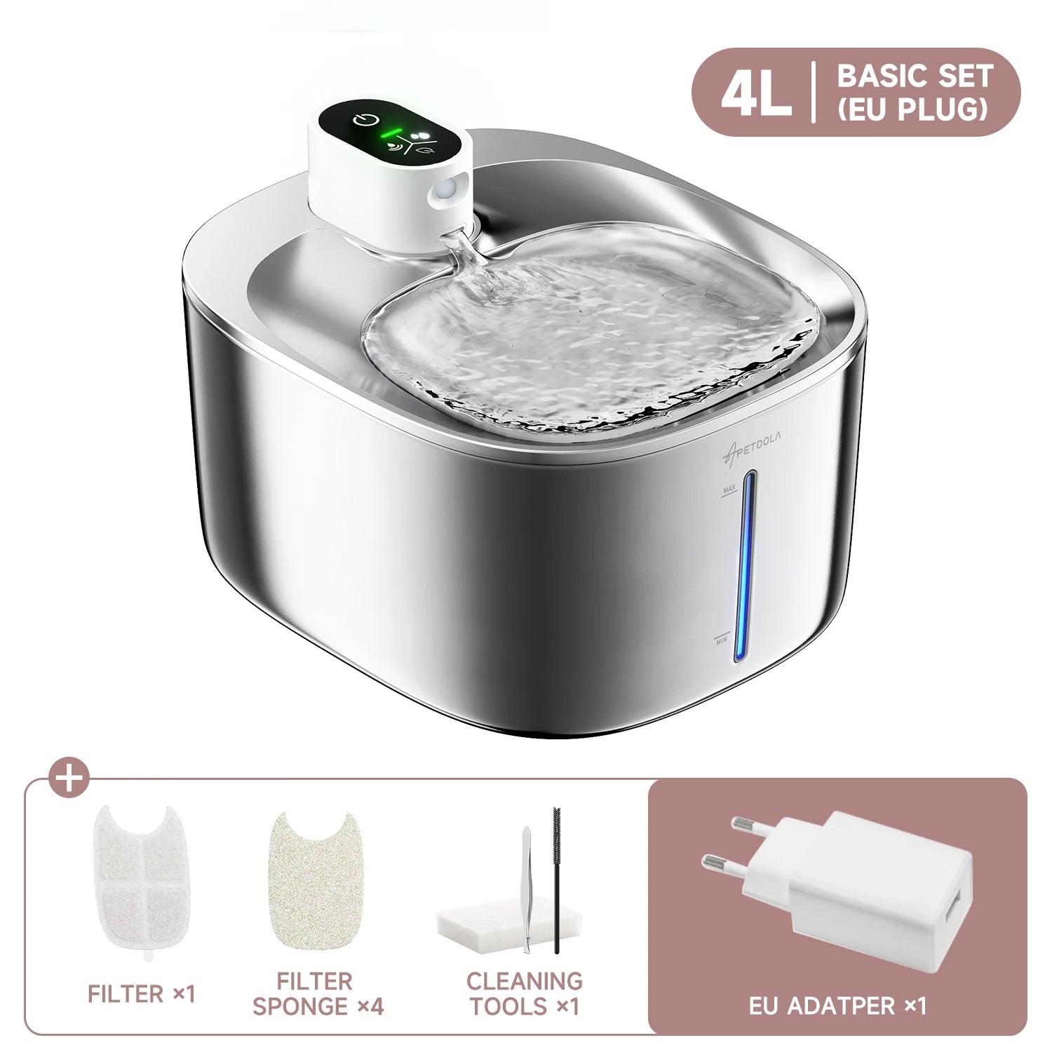Fontaine à eau sans fil en acier inoxydable - 4L avec capteur automatique pour chien et chat