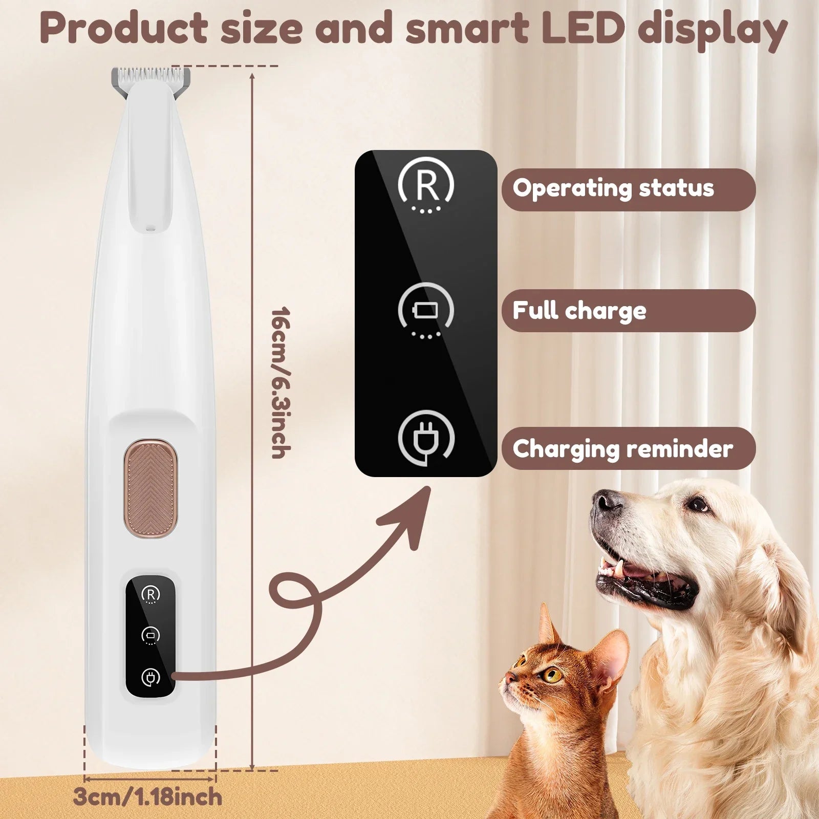 Tondeuse étanche pour pattes de chien et chat avec affichage LED