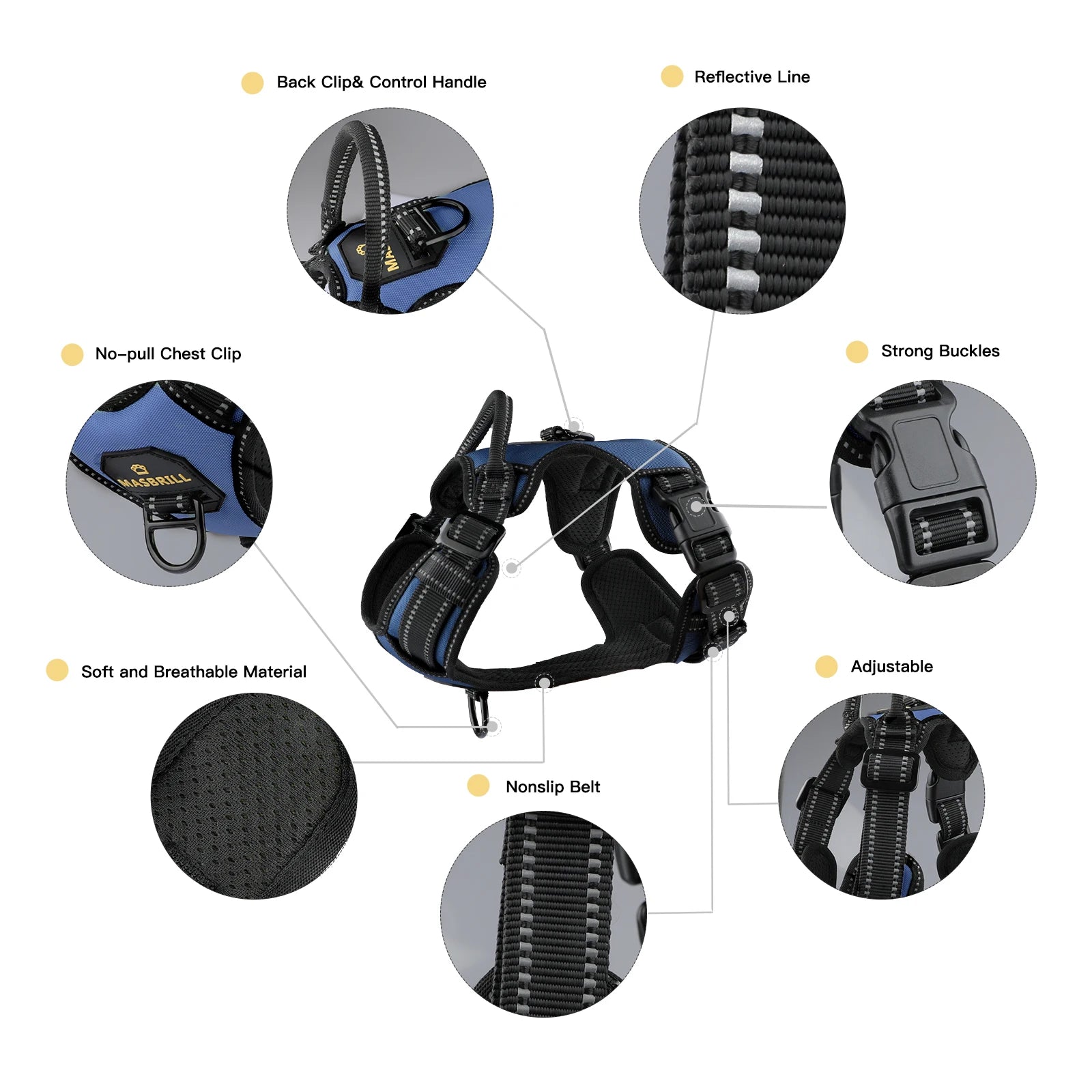 Harnais réfléchissant Anti-Traction avec poignée pour chien