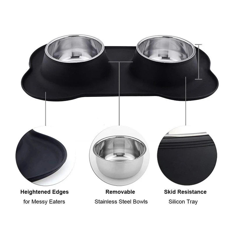 Double gamelles antidérapantes en acier inoxydable avec tapis en silicone imperméable pour chien et chat
